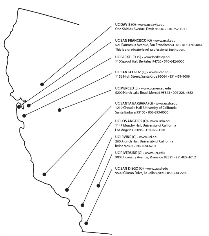 State map showing the locations of the various University of California campuses.
